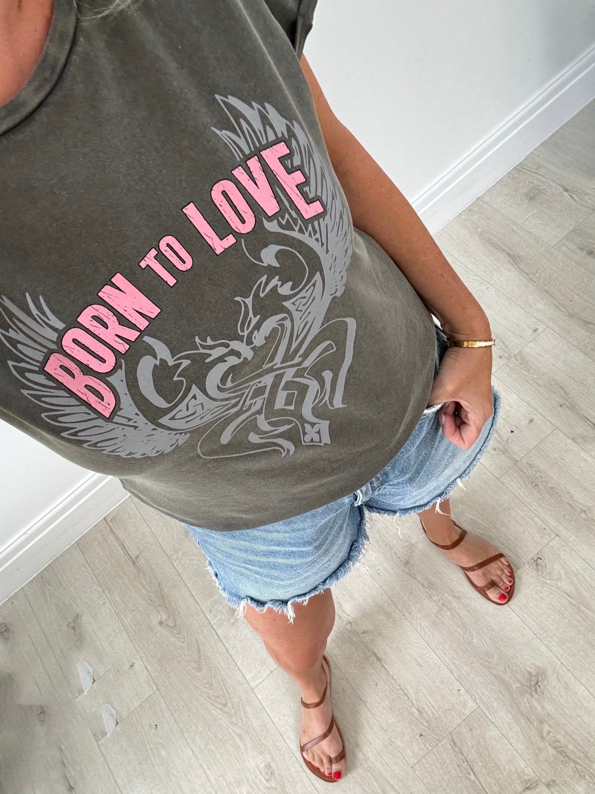 Born To Love Tee - Stone Wash Grey