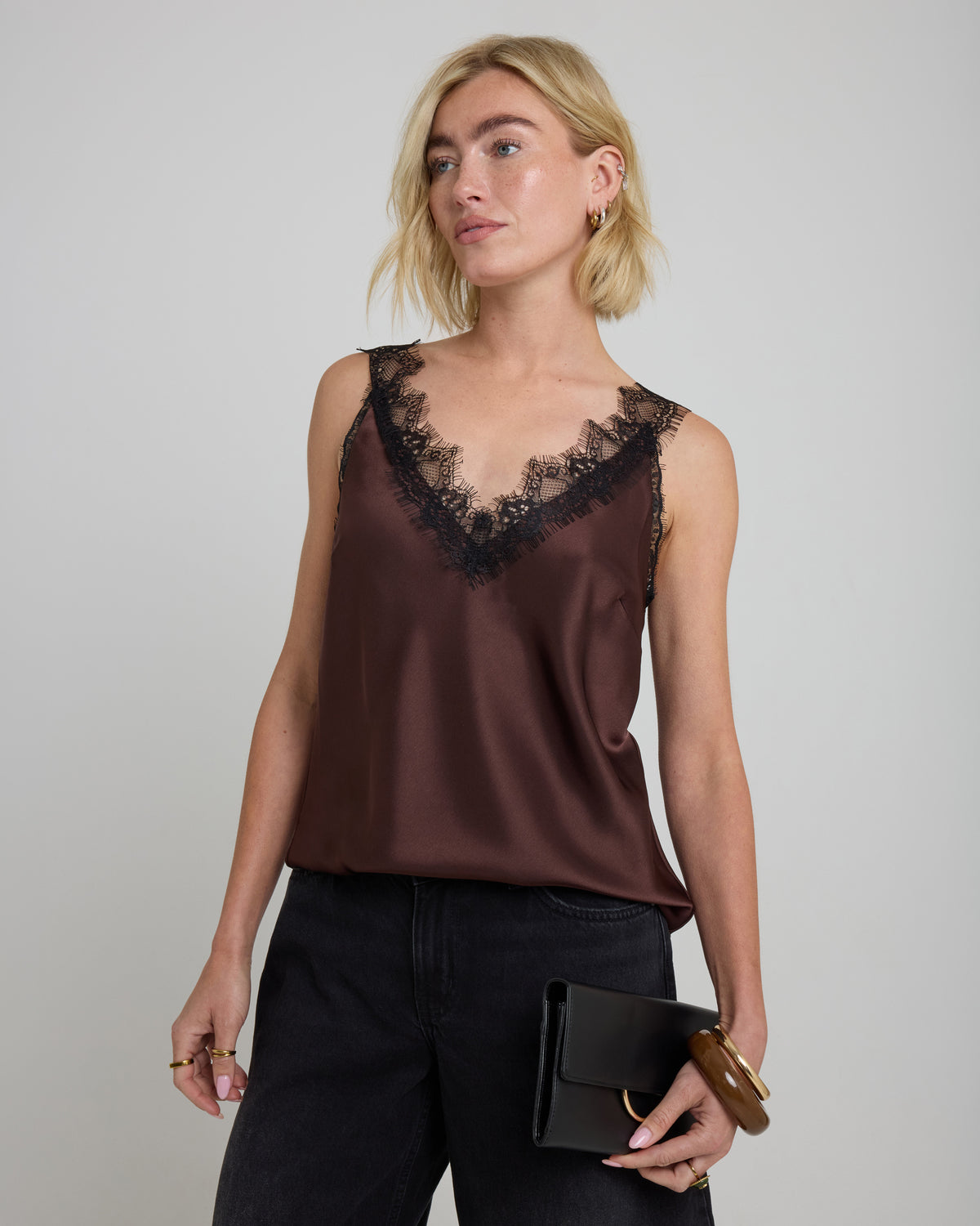 Lace Trim Camisole Top - Brown